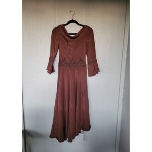 Vintage Brown Silk Dress intricate Lace Detailing Italian Size 44 Cottagecore